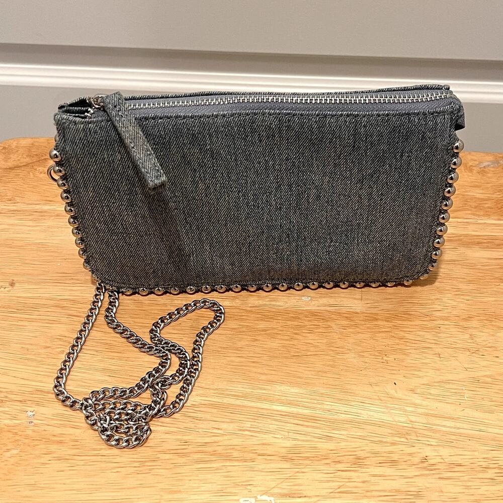 ZARA Studded Denim Crossbody Wallet Clutch 9” with Silver Chain Removable Strap